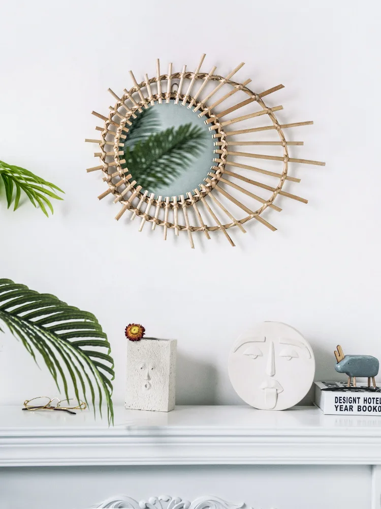 

Rattan Innovative Art Decoration Round Makeup Mirror Dressing Bathroom Wall Hanging Mirror Creative House Hanging Ornaments