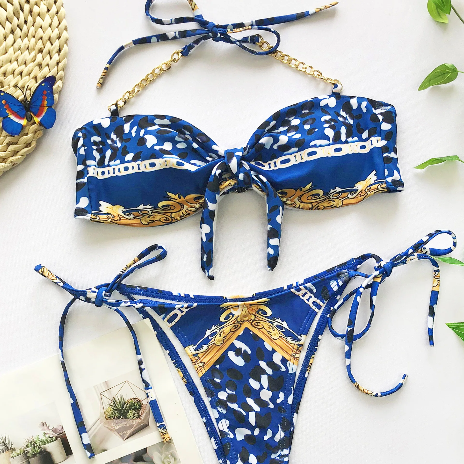 Сексуальное микро бикини с бантом 2020 этнические синие купальники принтом цепи