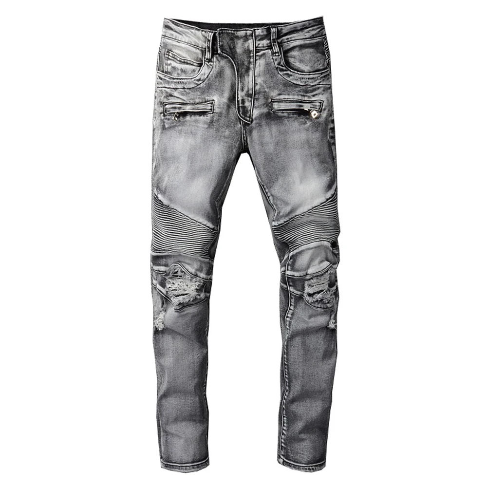 

Gzdeerax мужские байкерские джинсы с дырками рваные серые Стрейчевые джинсовые брюки уличная одежда приталенные плиссированные брюки