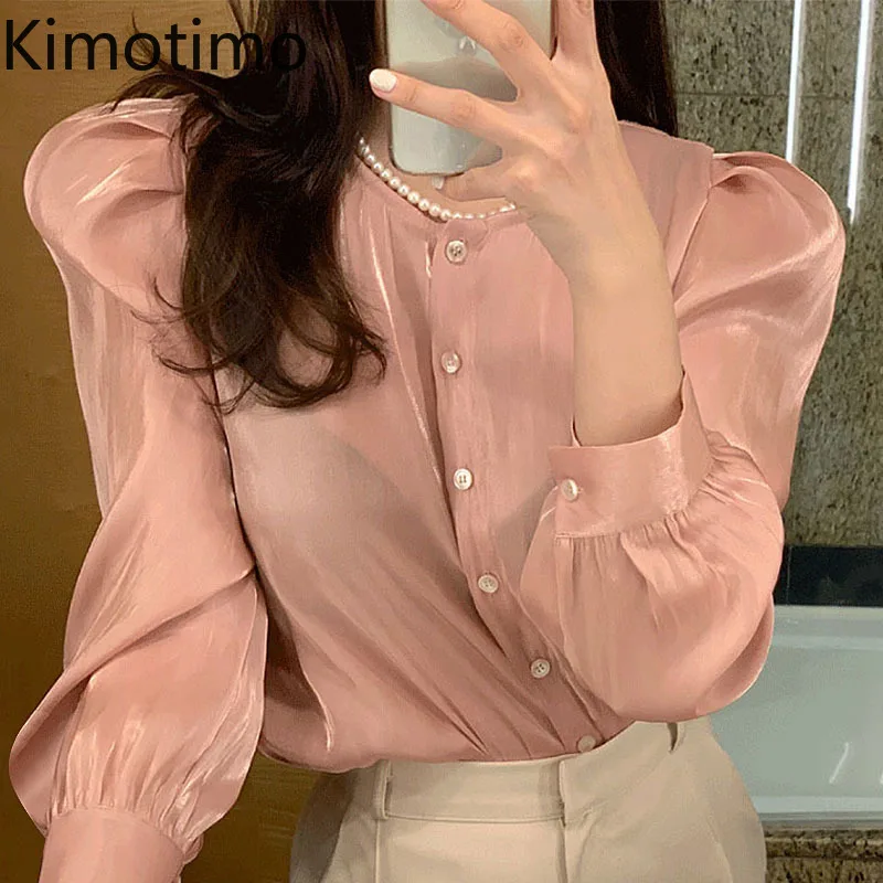 

Kimotimo Gloss Shirt Women Korean Chic Simplicity All-match O-neck Puff Sleeve Tops Early Spring Solid Temperament Blouse Camisa