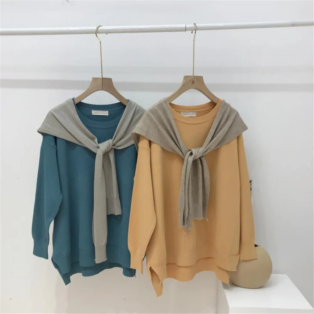 

2020 autumn/winter new Korean round-neck loose-fitting sweater sweater hit the color shawl casual two-piece suit girl