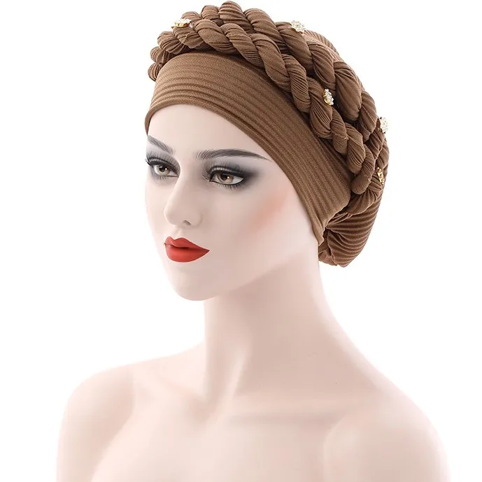Африканская повязка на голову женские тюрбаны плиссированная с двумя оплетками