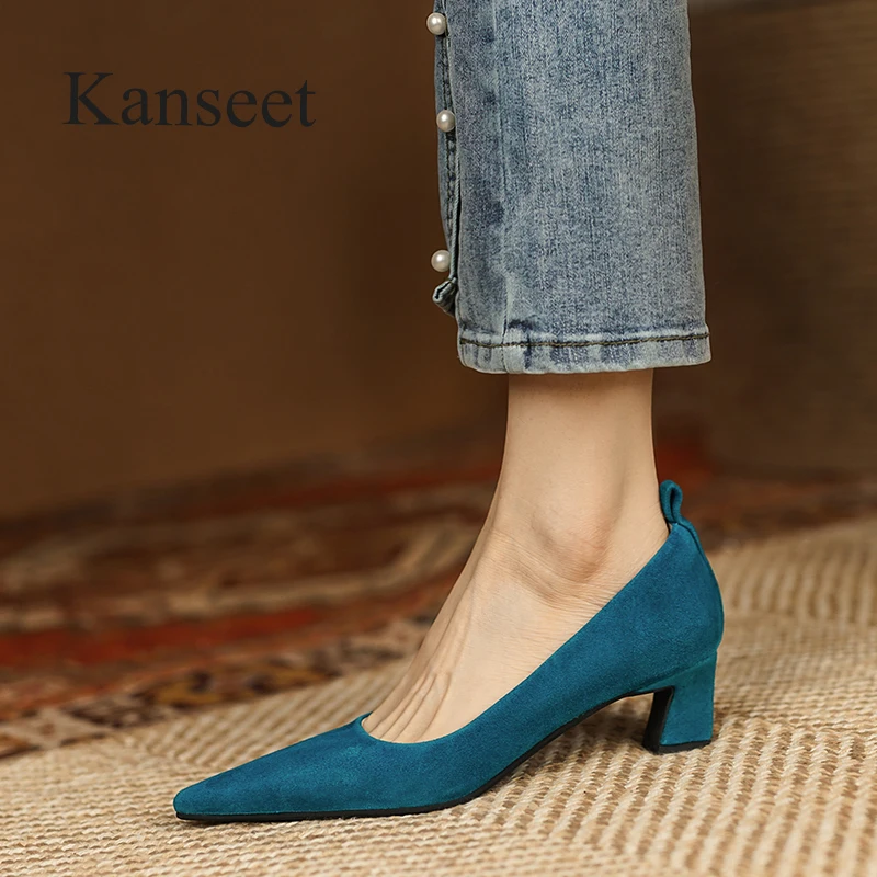 Kanseet Women's Pumps New 2022 Spring Sexy Pointed Toe Genuine Leather Handmade Office Ladies Slip-On Mid Heels Female Shoes 40