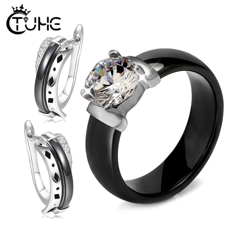 Женский комплект ювелирных изделий серьги и кольца из керамики с австрийским