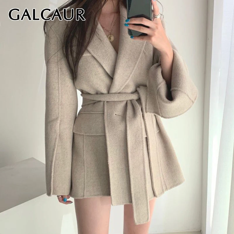 

GALCAUR Korean Fashion Solid Jacket For Women Lapel Collar Long Sleeve Lace Up Minimalist Coat Female Autumn Clothing 2021 Style