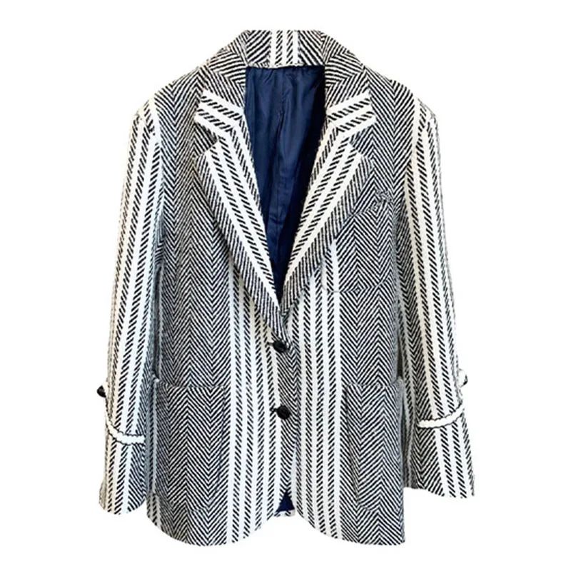

SeeBeautiful Striped Tweed Loose Blazer Coat Notched Long Sleeve Pockets Single Breasted Women Winter 2022 New Fashion G976