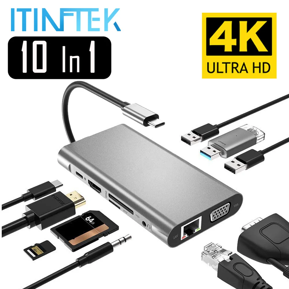 Тип USB C концентратор Type на HDMI 4K VGA адаптер RJ45 Lan Ethernet SD TF 3 0 5 мм Джек аудио видео