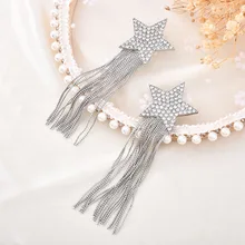 Exquisite European and American Temperament Crystal Star Long Tassel Exaggerated Stud Earring Drop Dangle Women Fashion Jewelry