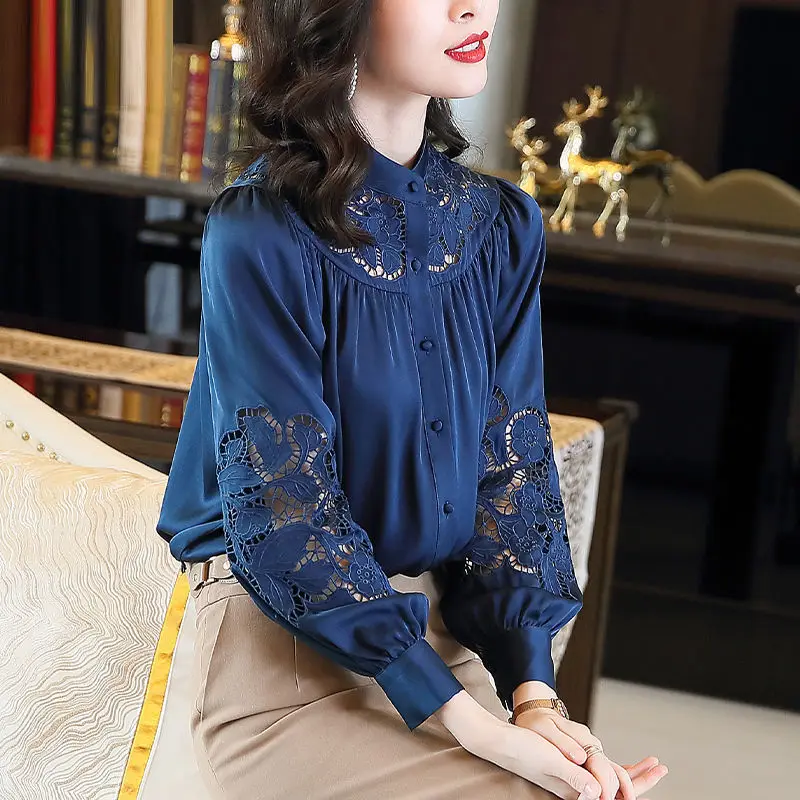 

Imitation silk shirt women 2021 spring and autumn new fashion embroidered hollow long-sleeved loose simple shirt top