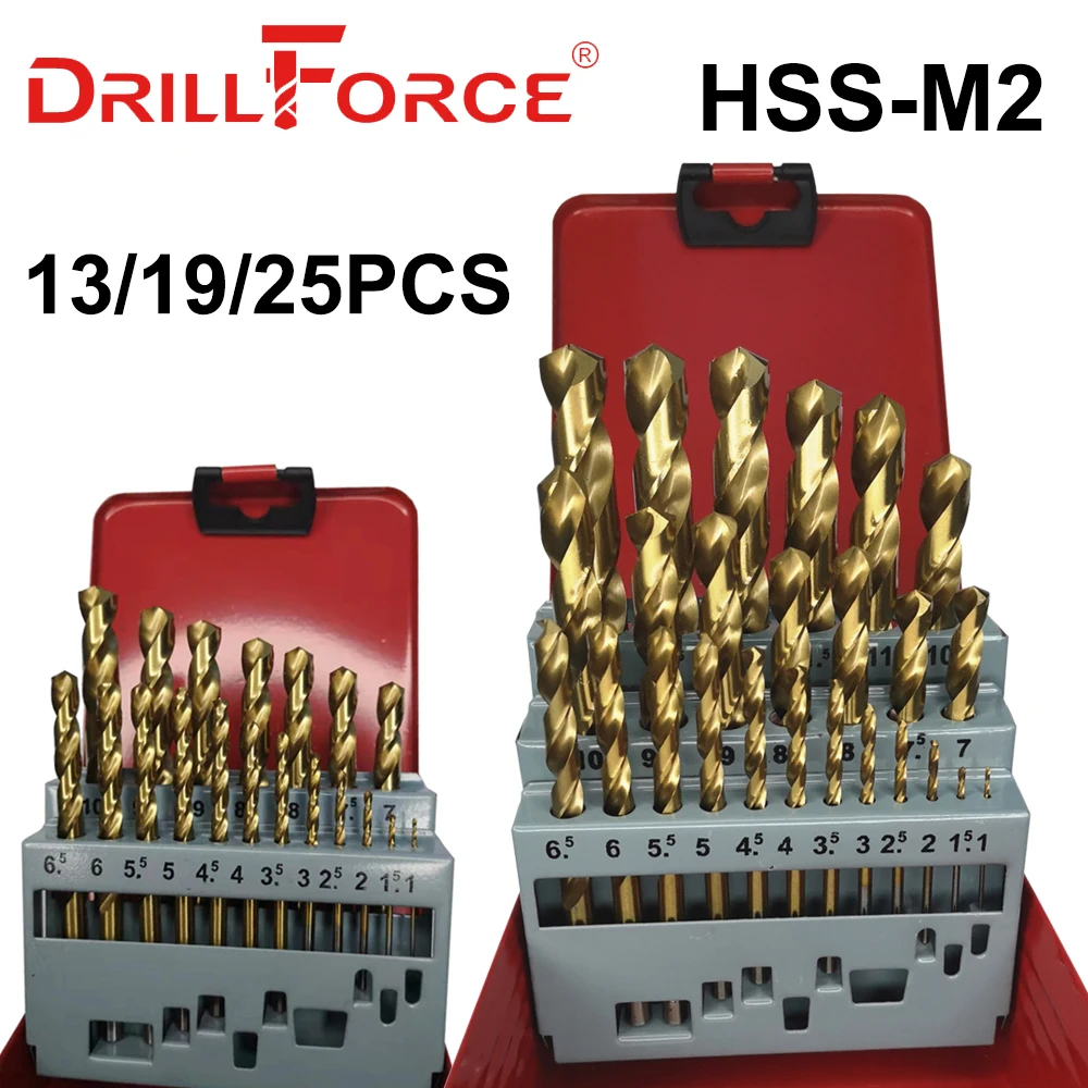 Сверло DRILLFORCE 13/19/25 шт. HSS M2 с титановым покрытием для сверления металла и