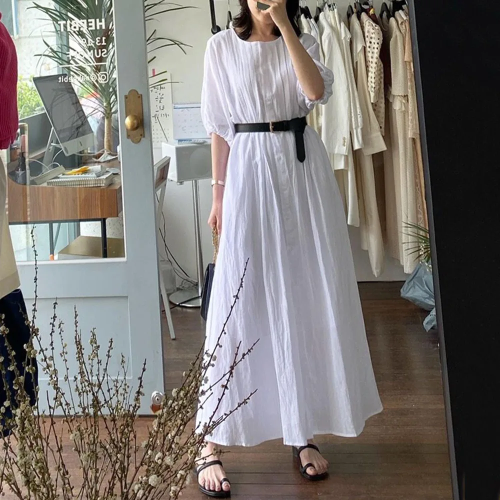 

2021 Summer New Korean Fashion Vacation Loose Casual Women's Dress Solid Color Round Neck Lantern Sleeve Simplicity Temperament