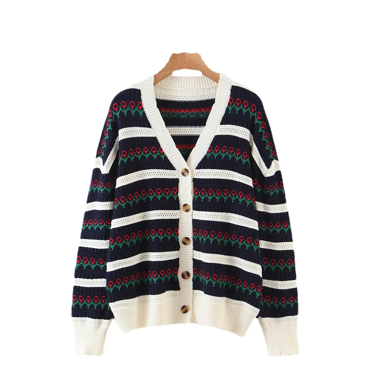 

Sweet Women's Sweater Coat Loose 2021 Autumn and Winter New Striped Jacquard Knit Cardigan Women