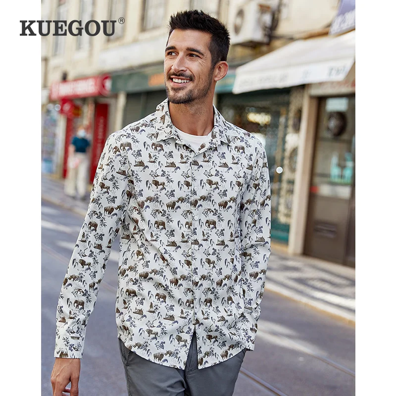 

KUEGOU Spring clothing Men's Shirts Long Sleeve fashion printing Streetwear Autumn stretch Shirt slim fit men top CC-3277