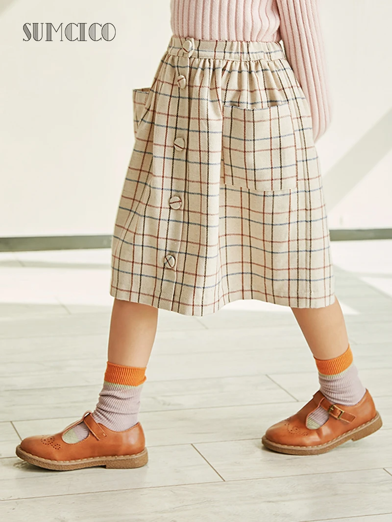 Sumcico 2020ss/fw Latest Girls Woolen Skirt Soft Warm Cute Style Elastic waist Button Pocket Decoration Dailywear Age2-15Y | Детская