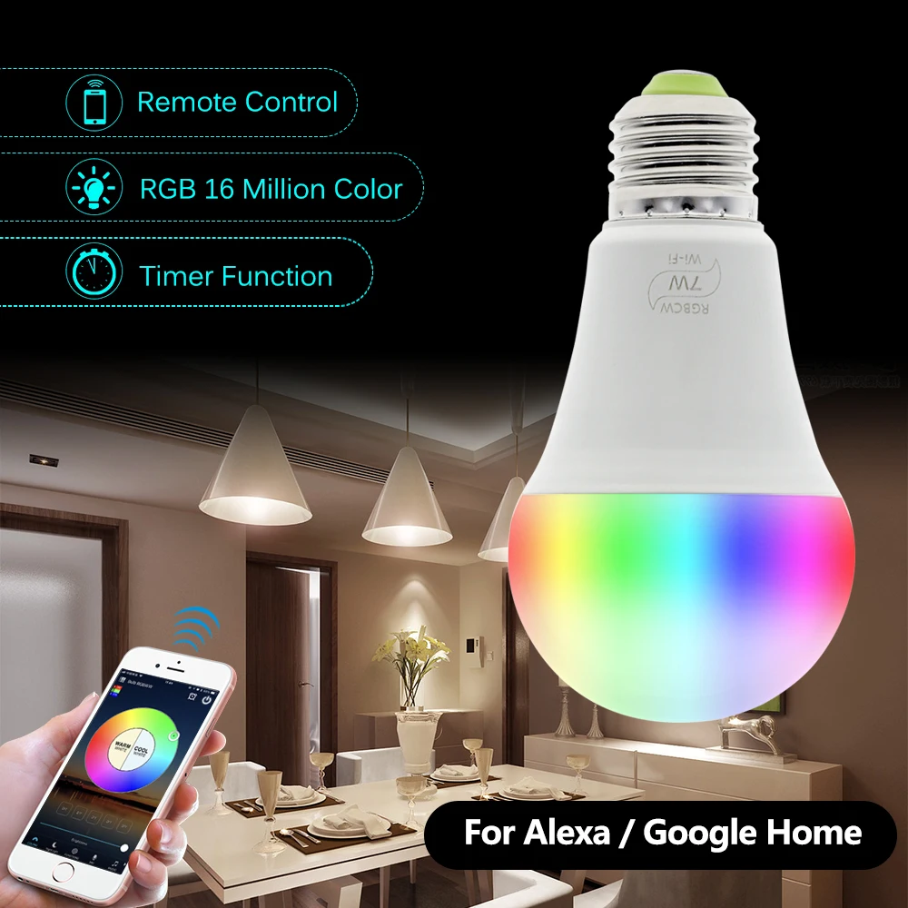 Умный wifi светодиодный светильник работает с Amazon Alexa и Google Home RGB+ теплый светильник+ белый светильник E27 7 Вт AC85-265V светодиодный светильник