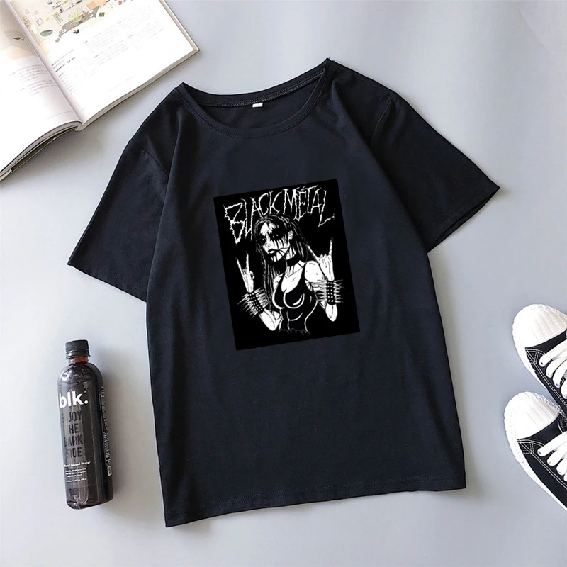 Женская футболка с коротким рукавом черная Свободная Повседневная в готическом