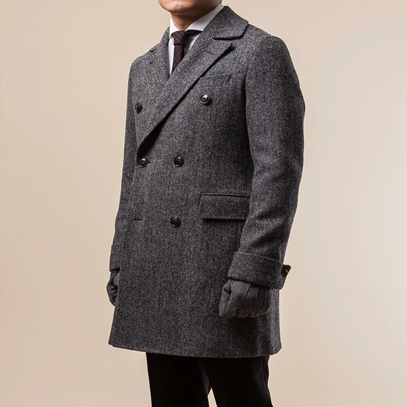 

Мужской Длинный блейзер, черный двубортный пиджак из смесовой шерсти с лацканами в елочку, 2020