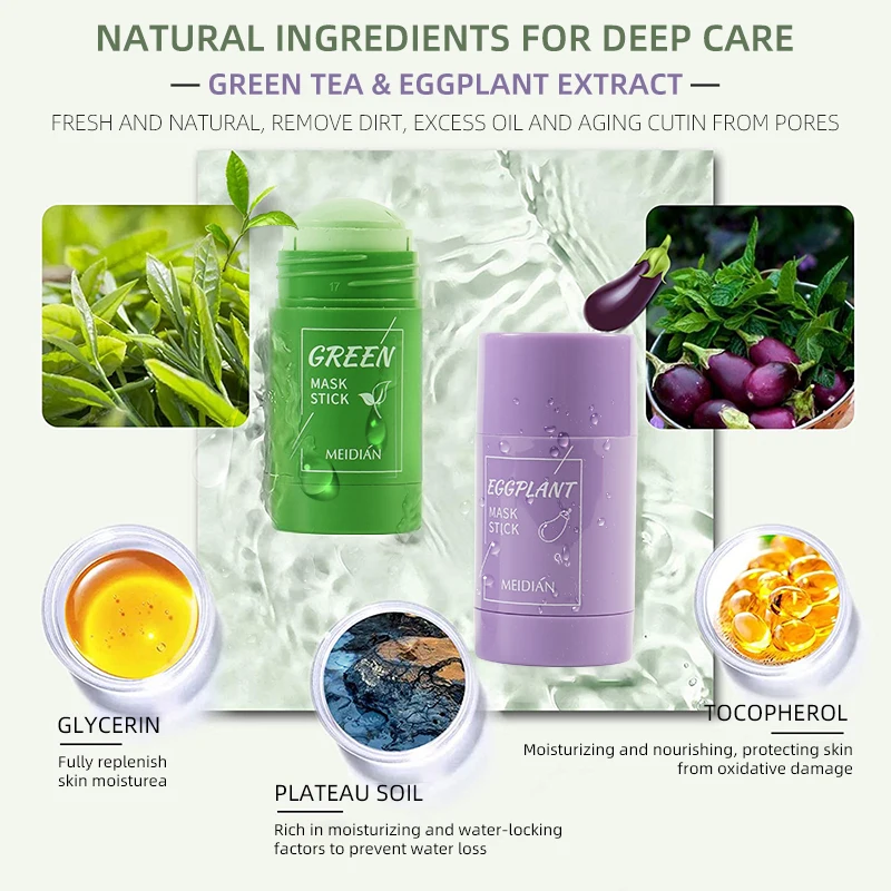 

2Pcs Green Tea Cleansing Mask Purifying Clay Stick Mask Blackhead Oil Control Anti-Acne Deep Cleaning Acne Treatment Face mask