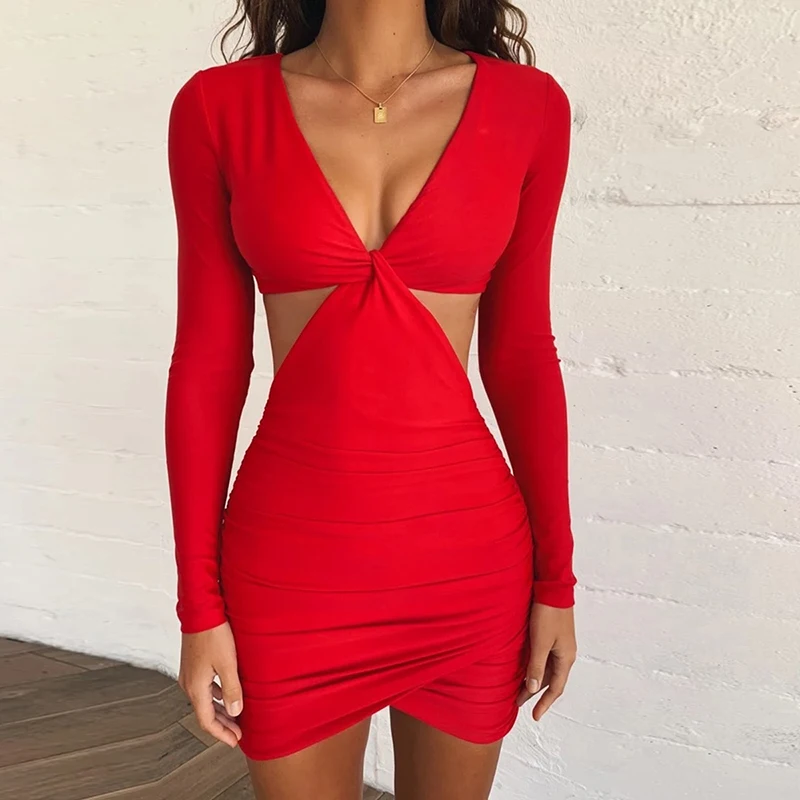 

Newest Style Red Sexy Dress V-neck Long Sleeve Spring Autumn Fashion Women Dress Hollow out Elegant Slim Nightclub Vestidos