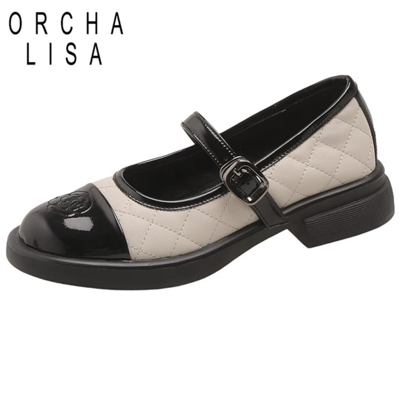 

ORCHA LISA Women Pumps Round Toe Thick Heel Patent Leather Buckle Strap Embroidery Flower Size 33-41 Mix Color Beige White S3064