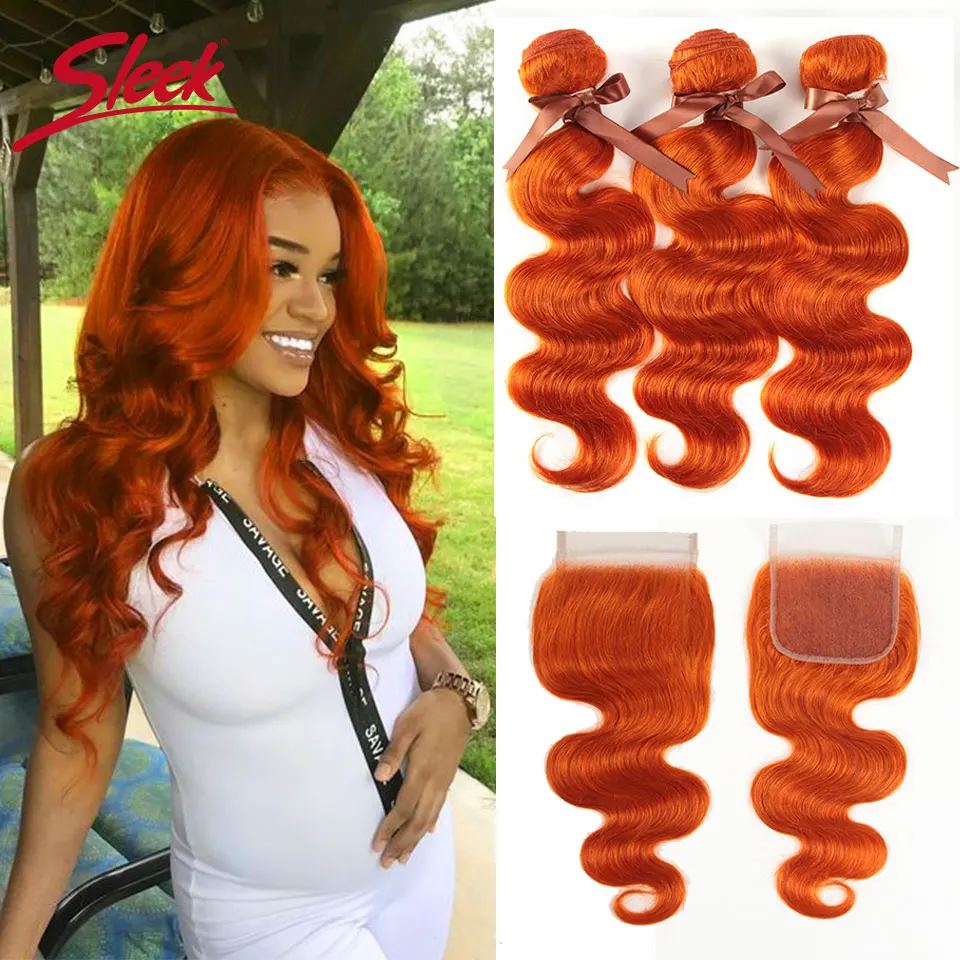 Sleek Mink Orange Color Brazilian Body Wave Bundles With Lace Closure 8-28 Inches Remy Human Hair Weave Bunldes Free Shipping