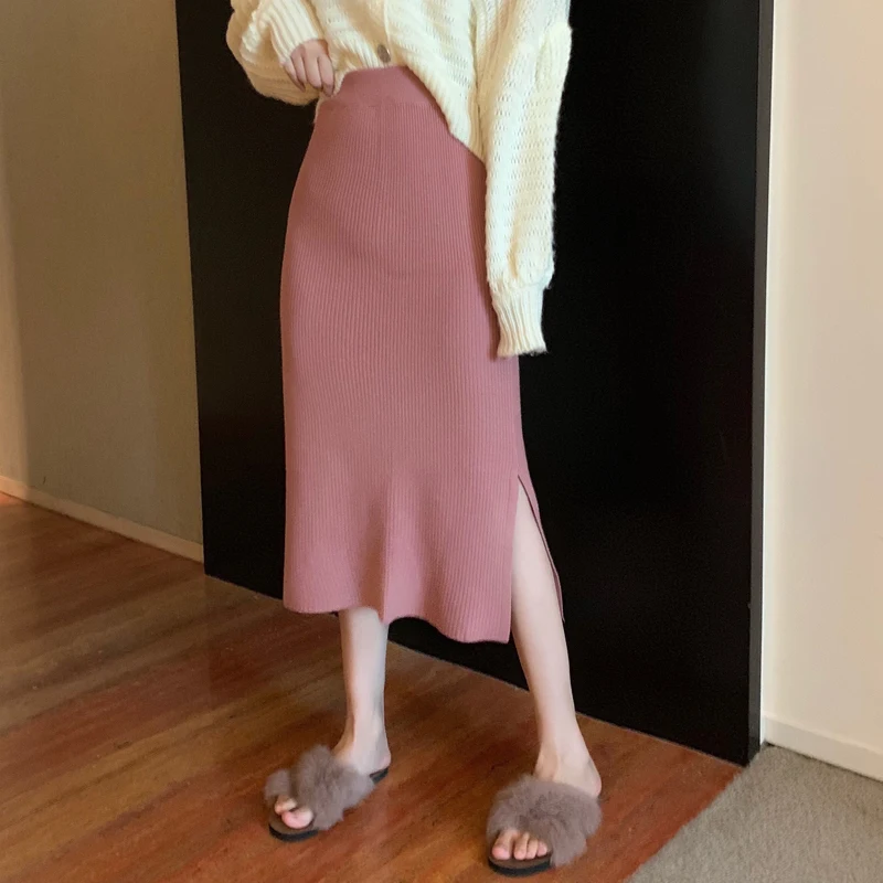 Юбка с высокой талией зимняя миди длинная осенняя разрезом однотонная до колена