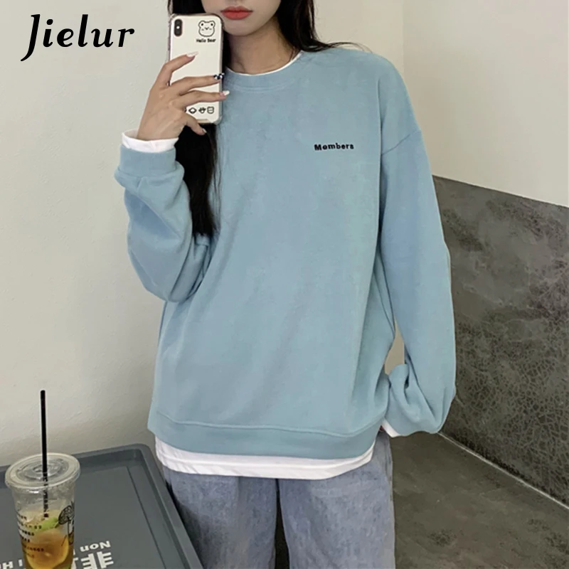 

Jielur Худи женское из двух частей шикарный тонкий Свободный свитшот в стиле Харадзюку пуловер с капюшоном серого и желтого цветов Большие Раз...