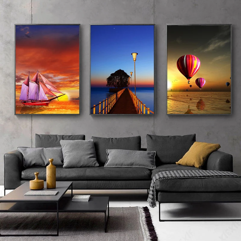 

Landscape Poster Ship Sailboat Pictures Canvas Painting Modern Home Decor Wall Art for Living Room Bridge Hot Air Balloon Prints