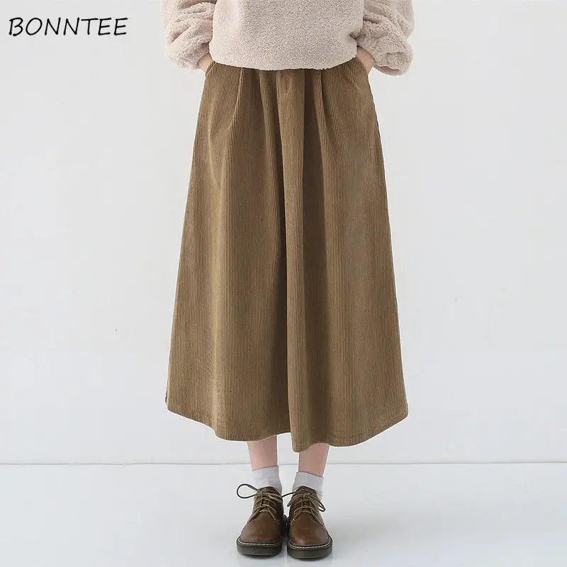 

Skirts Women A-line Solid Retro Empire Corduroy All-match Street Wear Warm Fashion Casual Girls Bottoms Design College Mid-calf