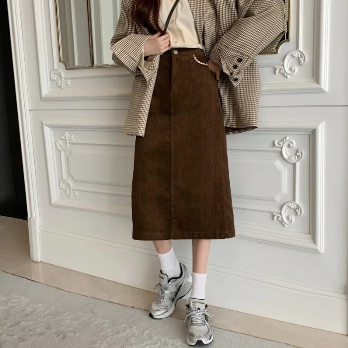 

Lauri Laki Corduroy Long A-line Skirt Women Plus Size Elegant Vintage High Waist Skirt Autumn Winter 2021 Lace Patchwork Skirts