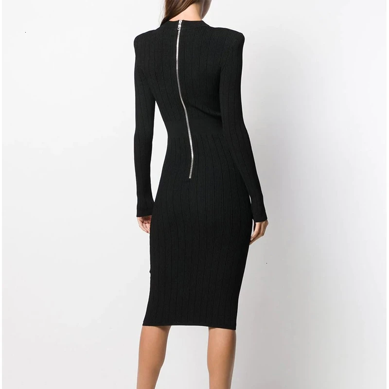 

SeeBeautiful New Fashion Summer 2021 Simple Stand Collar Long Sleeve Hollow Button Back Zipper Kniting Dress Woman Q698