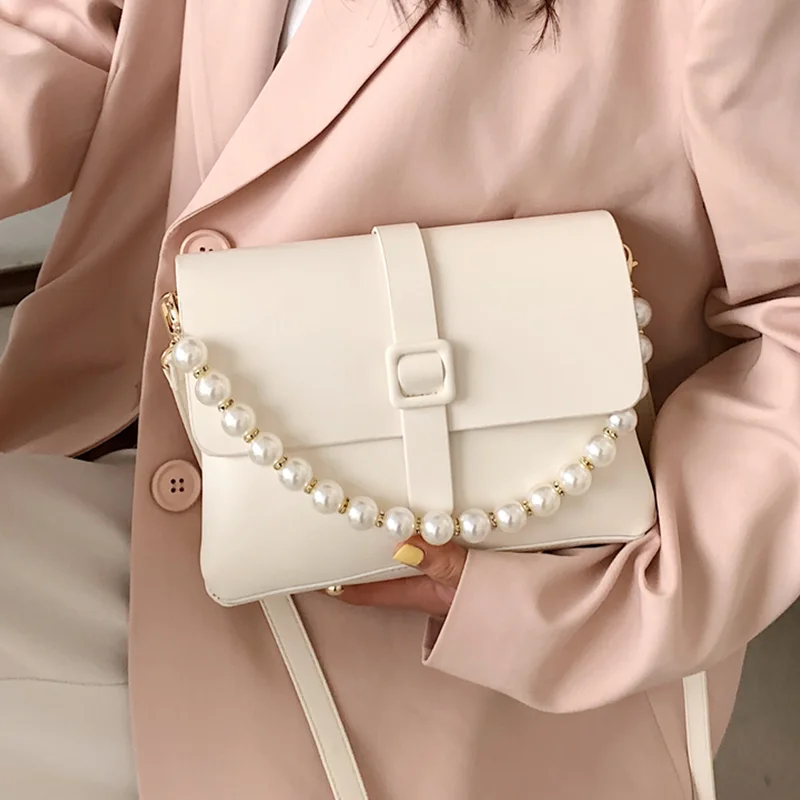 

White Small Flap Shoulder Bags for Women Pearl Chain Tote Bag Solid Color Crossbody Handbag Female Luxury Leather Messenger Bag