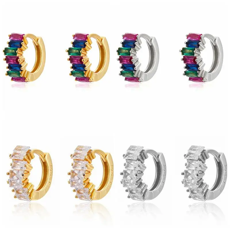 

925 Sterling Silver Korean Jewelry Sparkling Rainbow CZ Huggies Hoops Earring For Girls Lovers Fashion Pendientes Woman Earring