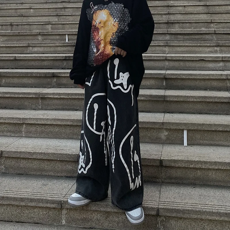 

2021 New Spring Fashion Ins Street Hip-hop Printing Wash Jeans Loose Casual Denim Wide Leg Pants Tide Woman Long Trousers