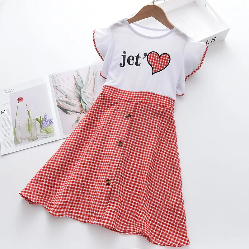 New Summer Girls Casual Dress Children's Plaid Patchwork Costumes Teenagers Kids Flare Sleeve Clothes For 4 5 7 9 13 Years Old