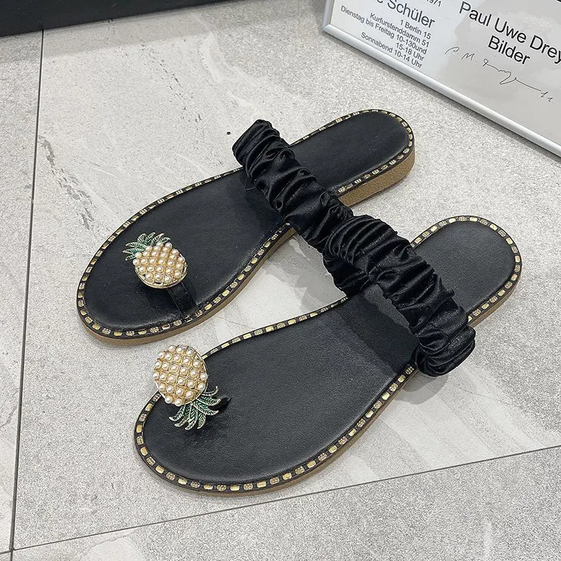 

Ladies Flip-flop Women 2021 Pineapple Lace Beach Shoes Diamond Flat Slipper Non-slip Fashion Casual Ladies Go with Sandals