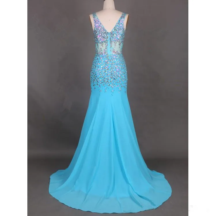 Высококачественное сексуальное синее вечернее платье без рукавов с v-образным