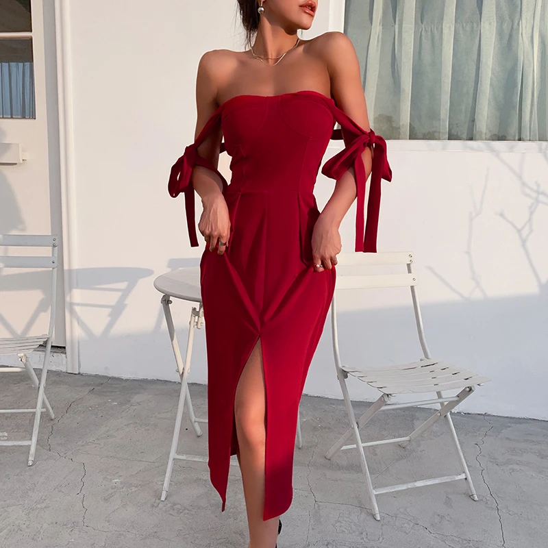 

Dress Women Summer Spaghetti Strap Knee-Length Dress Sleeveless Elegant Party Dree Women Off Shoulder Red Bow Strap