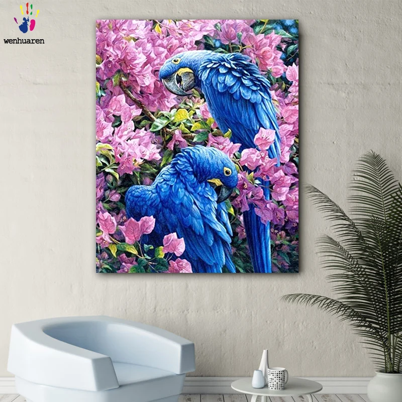 DIY картинки для раскраски по номерам с цветами синий попугай рисунок живопись в
