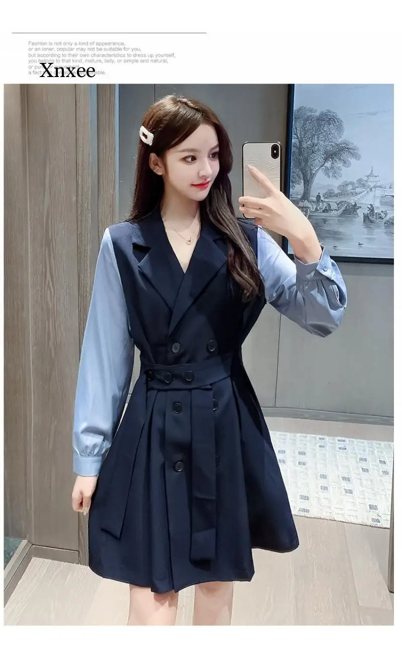 

2021 New Spring Long-Sleeved Korean Japan Trendy Style Sweet Dress White Khaki Patchwork High Waist Elegant Dresses Clothing