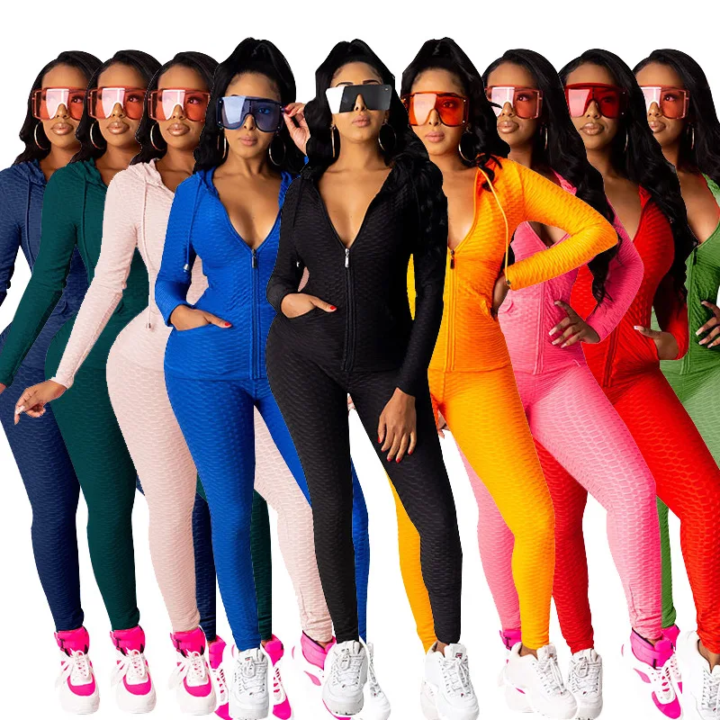 

FNOCE 2020 winter new women's sets tracksuits sportwear fashion casual solid hooded zipper tops tight slim pants 2-pc set suits