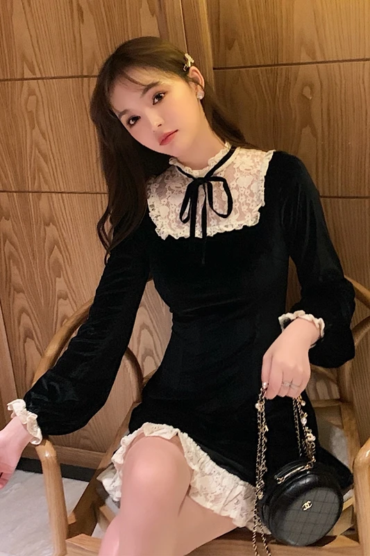 Женское винтажное платье-водолазка золотистое бархатное платье черного цвета с