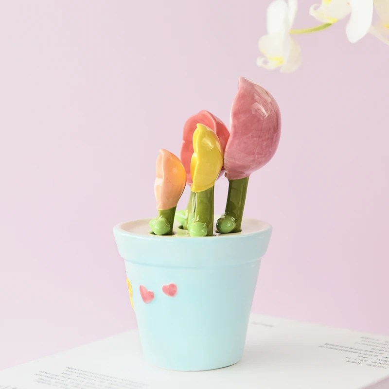 Lindo pensamiento cuchara para cocci&oacute;n cuchara medidora para b&aacute;scula hogar creativo cocina de cer&aacute;mica sal y az&uacute;car, cuchara peque&ntilde;a, con Base-1