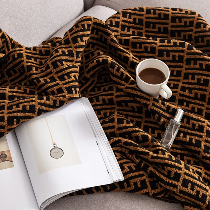 Manta n&oacute;rdica de lujo con doble letra F, manta tejida de dise&ntilde;ador famoso, suave y ligera, manta c&aacute;lida de invierno para la cama-3