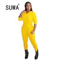 all yellow loungewear women two piece outfits long sleeve slim fit top high waist cargo pants trousers matching sets