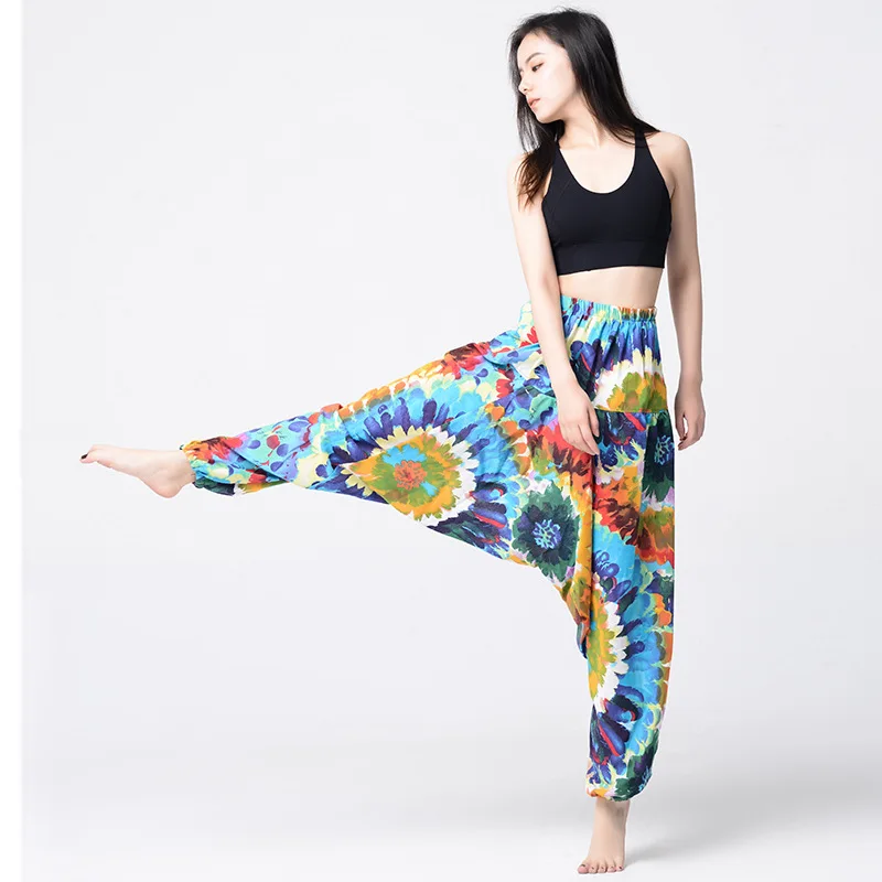 

Women Thai Indian Harem Pants Cotton Linen Print Boho Festival Hippie Trousers Baggy Loose Elastic Waist National Style Lantern