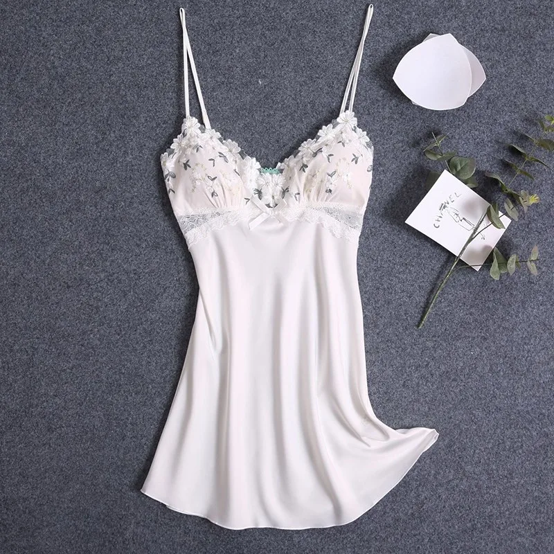 

Women Embroidery Flower Nightgown Suspender Nightdress Summer Sexy Mini Sleepwear Bathrobe Soft Faux Silk Satin Loose Home Dress