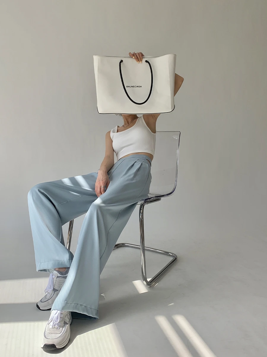 

HESAPP Design pantalones sense of open waist straight wide leg pants women high waist trousers drape casual loose mopping pants