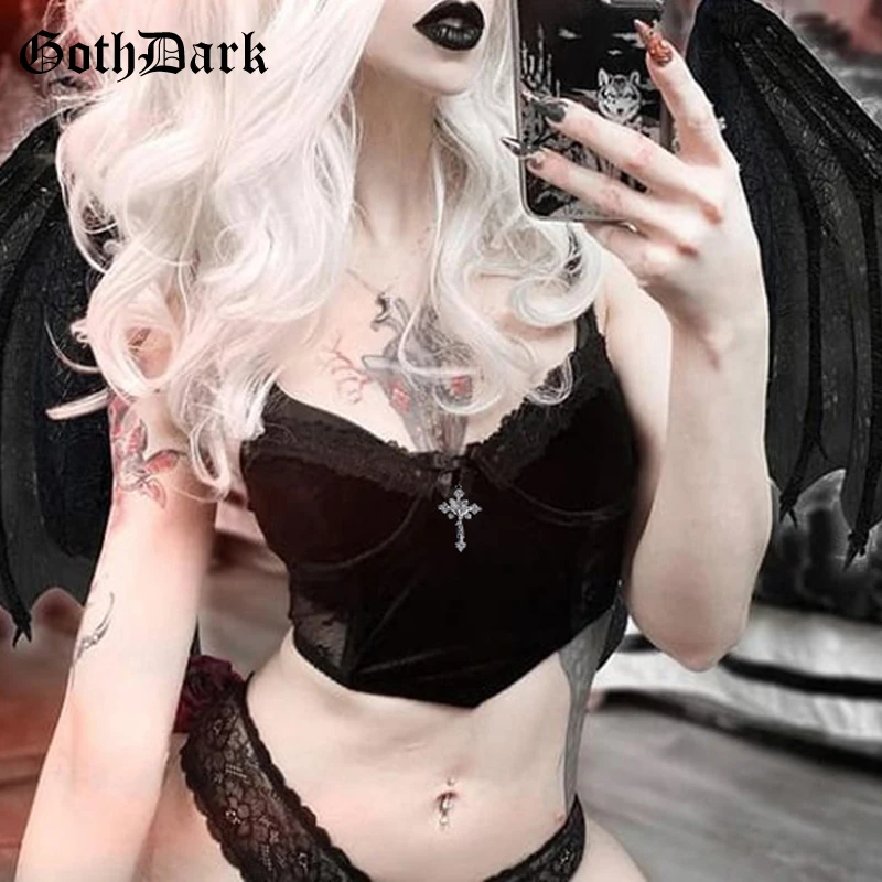 

Goth Dark Velvet Vintage Mall Gothic Women Camis Grunge Aesthetic Black Lace Punk Crop Tops Skinny Backless Sexy Alt Clothes Emo