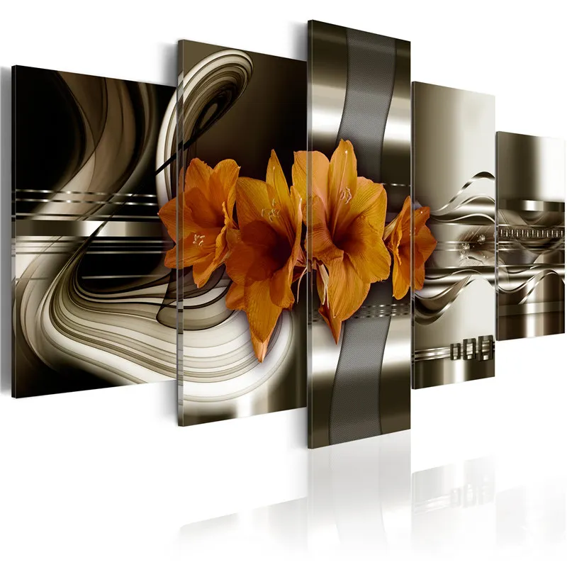 

Modern Painting Canvas 5 Panels White Orchid Flowers Wall Art Paintings Cheap Print for Living Room Decoration